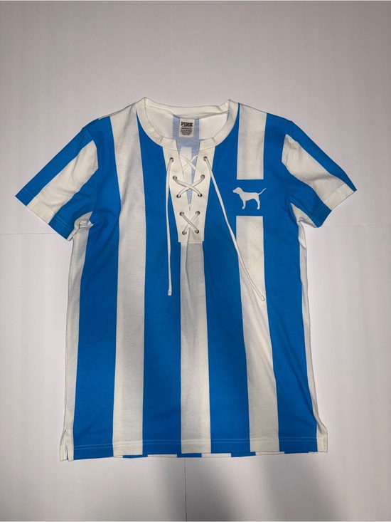 PINK Victoria's Secret Tops - PINK Victoria's Secret Light Blue & White Striped Lace-Up Tee